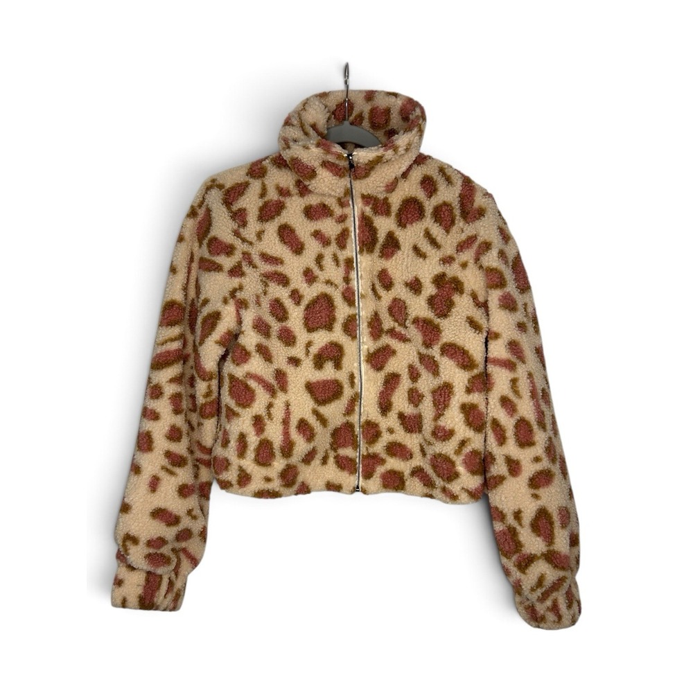 Andree By Unit Women's S Cream Pink Leopard Faux Fur Teddy Zip Jacket